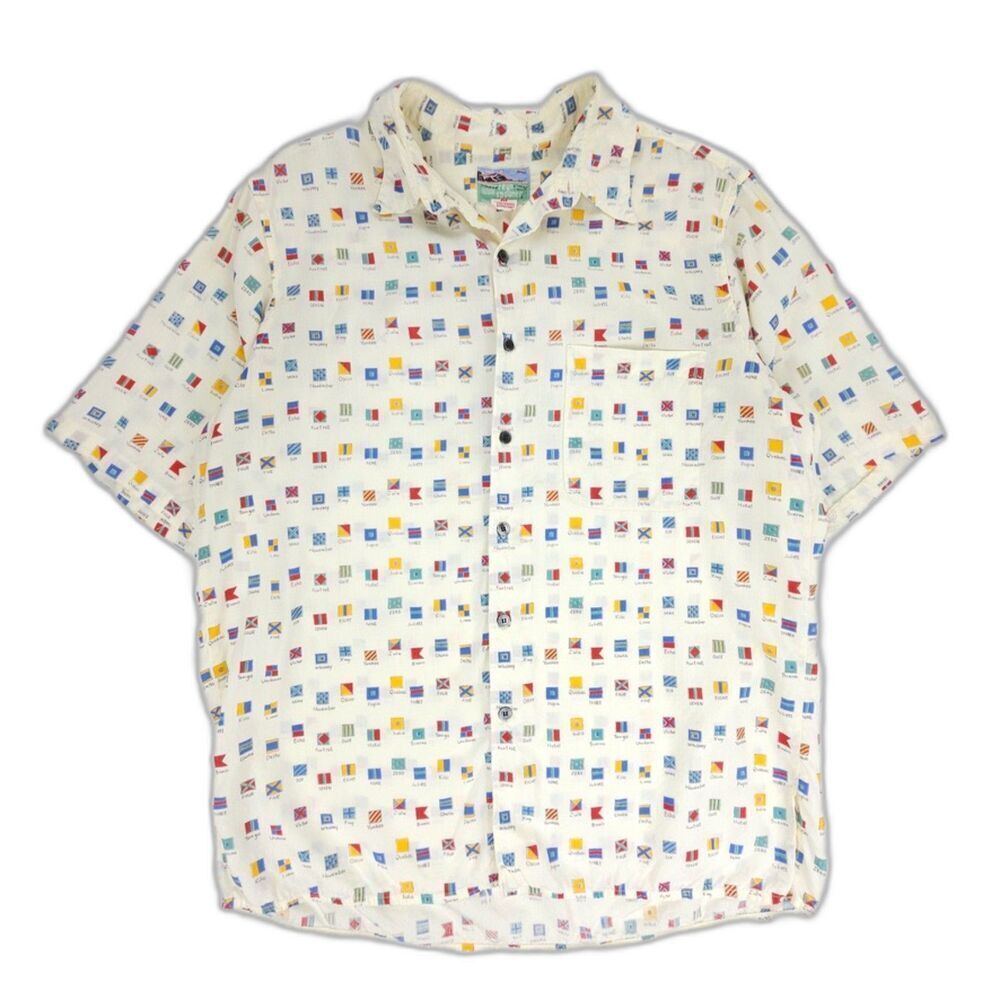 REYN SPOONER Nato Phonetic Alphabet Button Down Hawaiian Novelty Print Shirt 90s